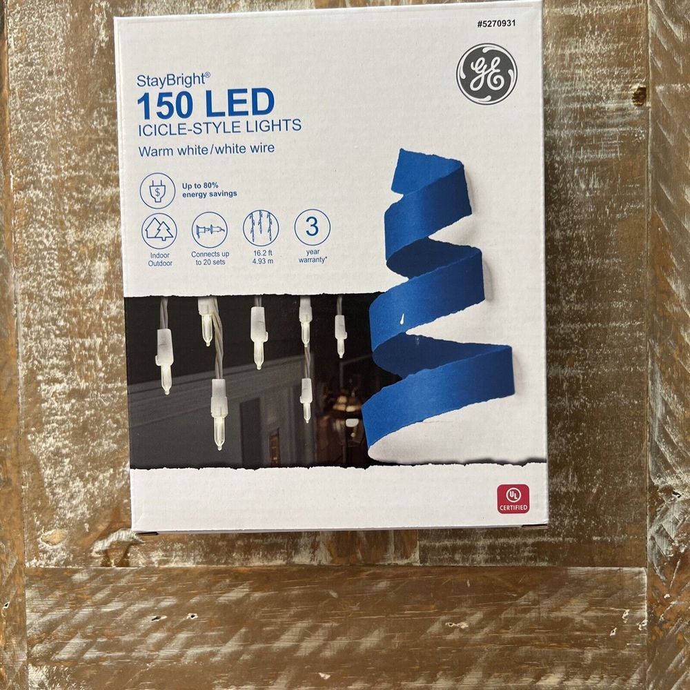 GE StayBright 150 LED Icicle Style Lights Warm White White Wire‎ New